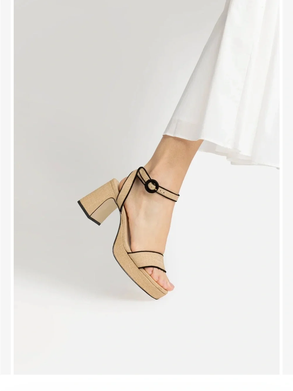 Woven Platform Block Heel Sandals in Natural with Black Trim